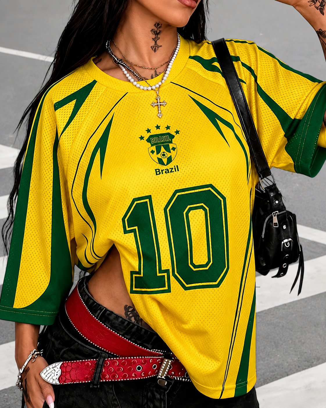 Brazil No. 10 Women's Y2K Football Jersey Tee – Oversized Streetwear Top