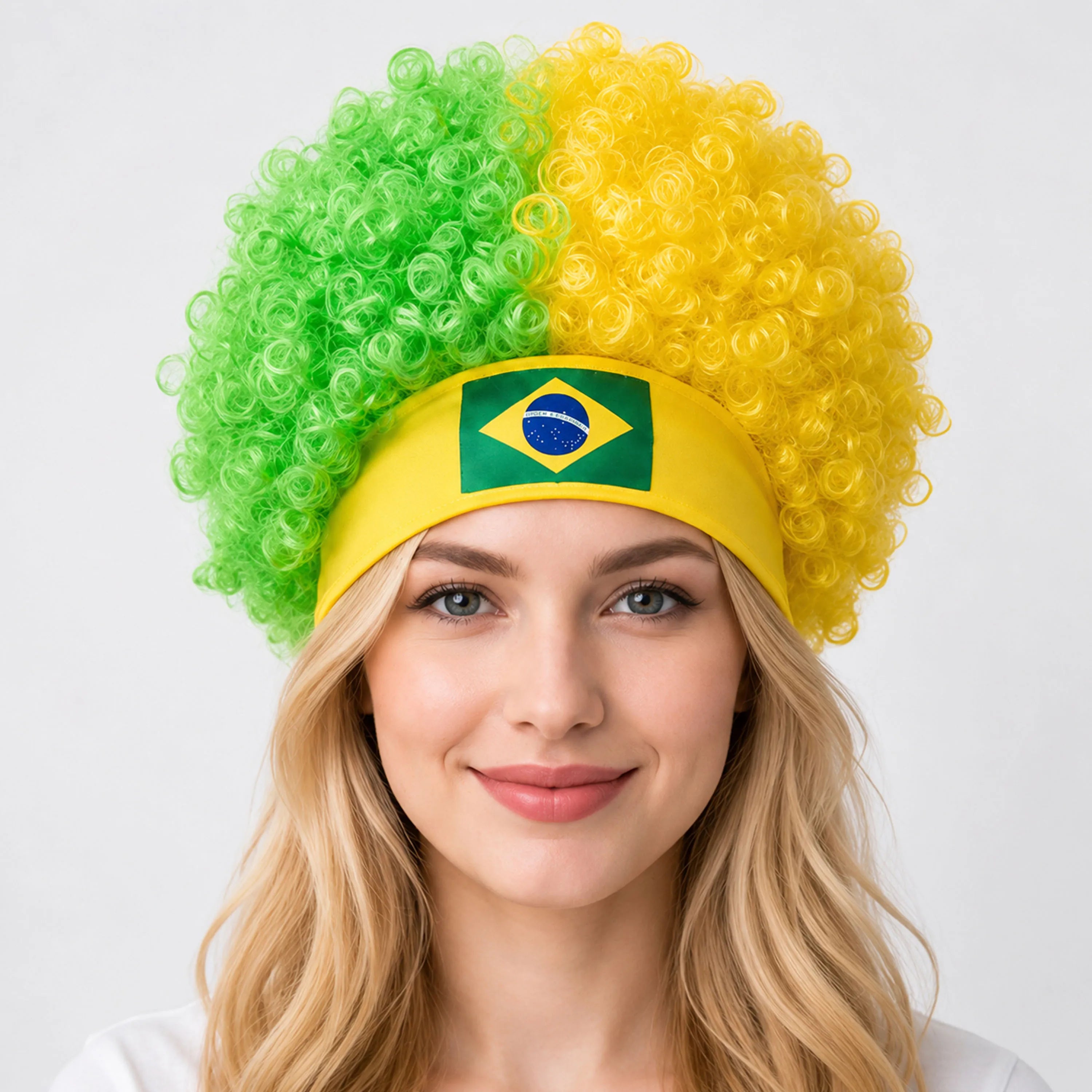 2026 World Cup Curly Wig Cosplay National Flag-colored Headband Wig for Fan Gatherings, with Logo and National Flag.