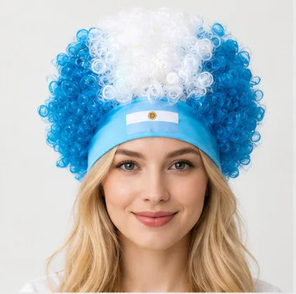 2026 World Cup Curly Wig Cosplay National Flag-colored Headband Wig for Fan Gatherings, with Logo and National Flag.