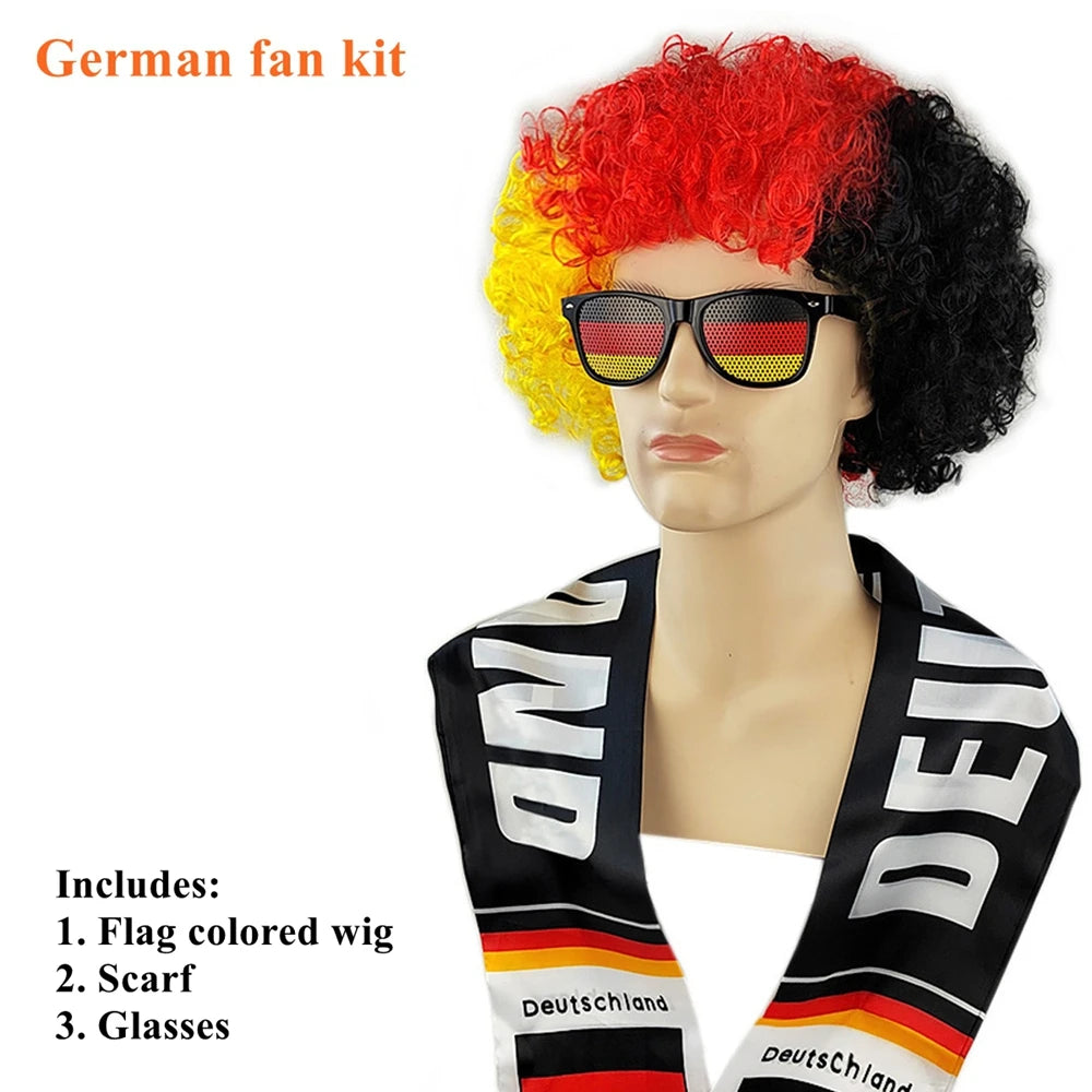 Soccer Match National Flag Color Explosion Hair Wig Fan Hairpiece with Scarf and Glasses Set European National Team Costume