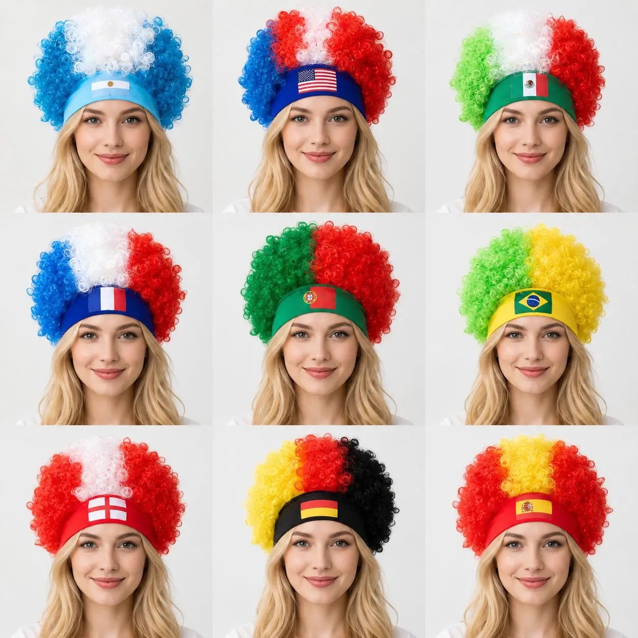 2026 World Cup Curly Wig Cosplay National Flag-colored Headband Wig for Fan Gatherings, with Logo and National Flag.