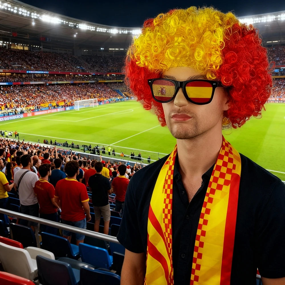 Soccer Match National Flag Color Explosion Hair Wig Fan Hairpiece with Scarf and Glasses Set European National Team Costume