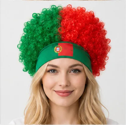 2026 World Cup Curly Wig Cosplay National Flag-colored Headband Wig for Fan Gatherings, with Logo and National Flag.