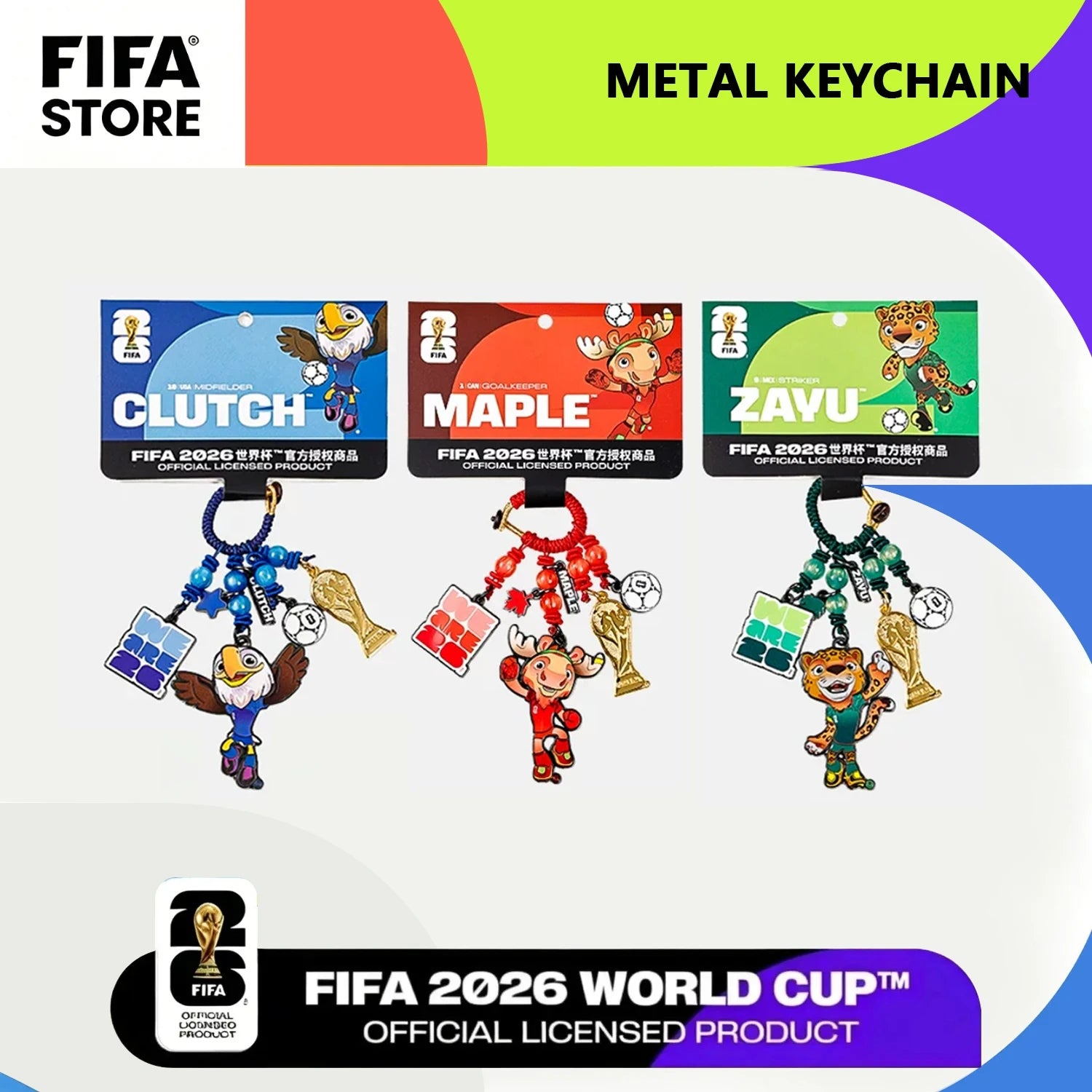 FIFA 2026 World Cup Mascot & Trophy Ornament, Metal Keychain, Charm for Bags & Clothes