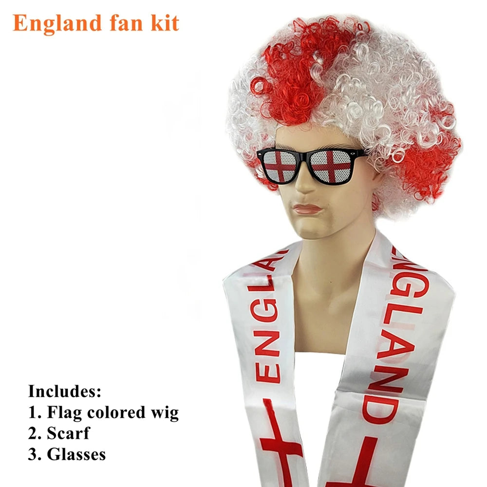 Soccer Match National Flag Color Explosion Hair Wig Fan Hairpiece with Scarf and Glasses Set European National Team Costume