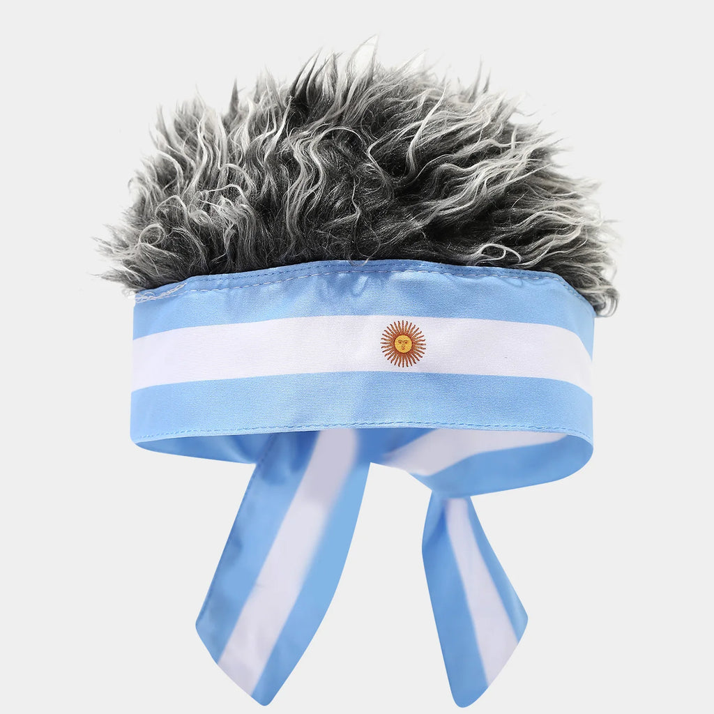 National Flag Headband with Wig Sports Fan Cheering Headwear Wig Hat Country Flag Print Wig Headband Headwrap