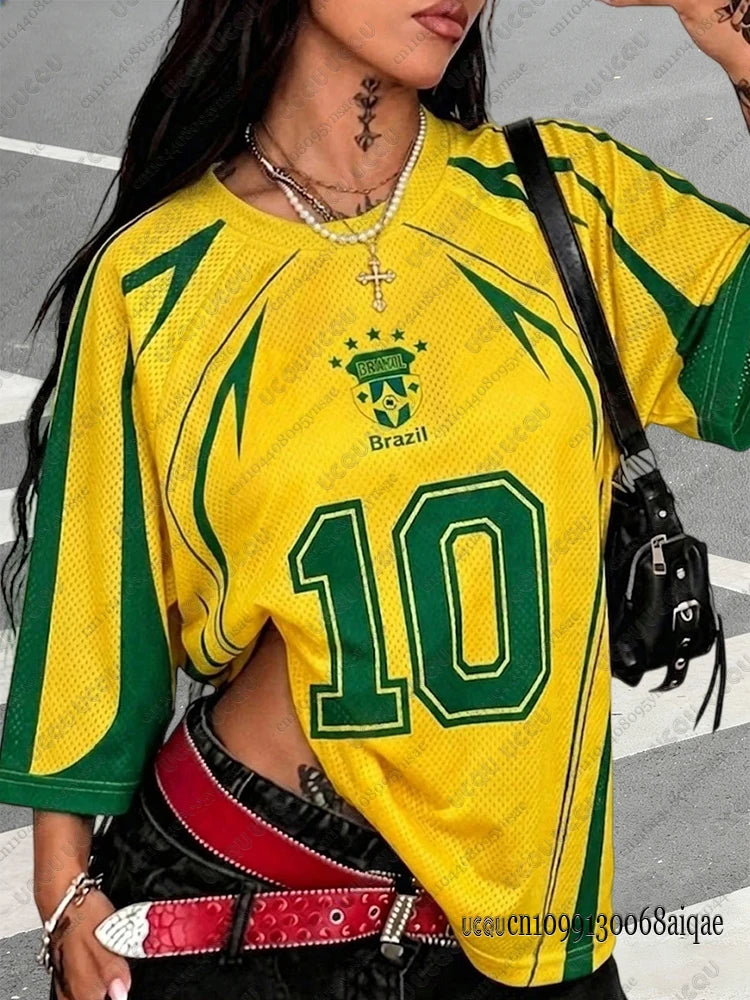 2026 Summer New Brazil No 10 Print Tshirt For Women O-Neck Patchwork Short Sleeve Oversized Sports Football Jersey Y2K Loose Top