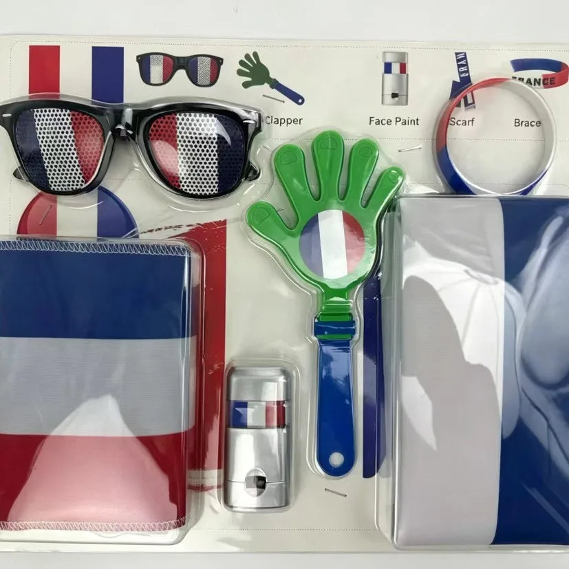 Soccer Game Themed Fan Props Set 2026 Eye Face Paint Blendable National Flag Fan Scarf Cheer Clappers Wristbands and Glasses