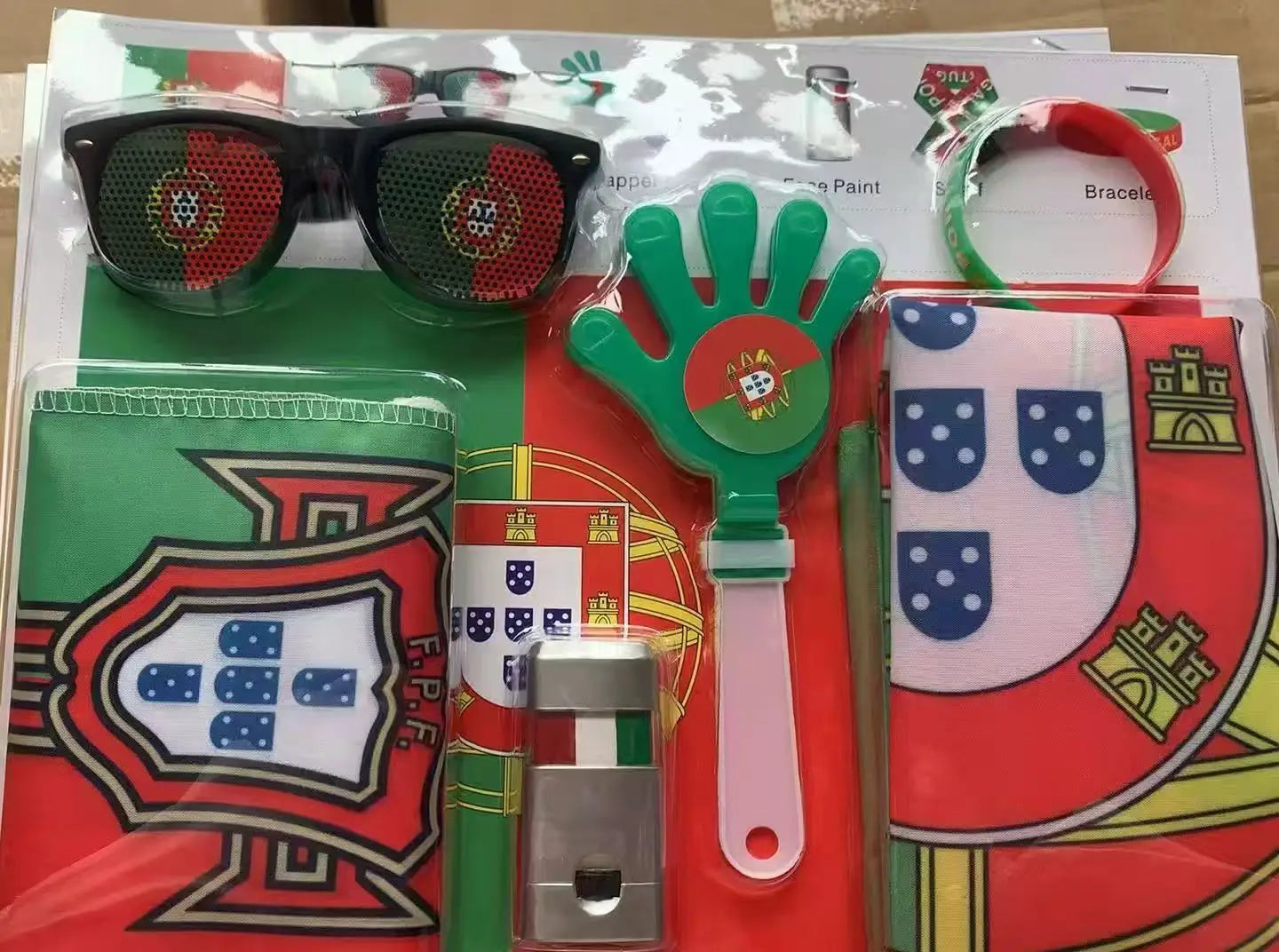 Soccer Game Themed Fan Props Set 2026 Eye Face Paint Blendable National Flag Fan Scarf Cheer Clappers Wristbands and Glasses