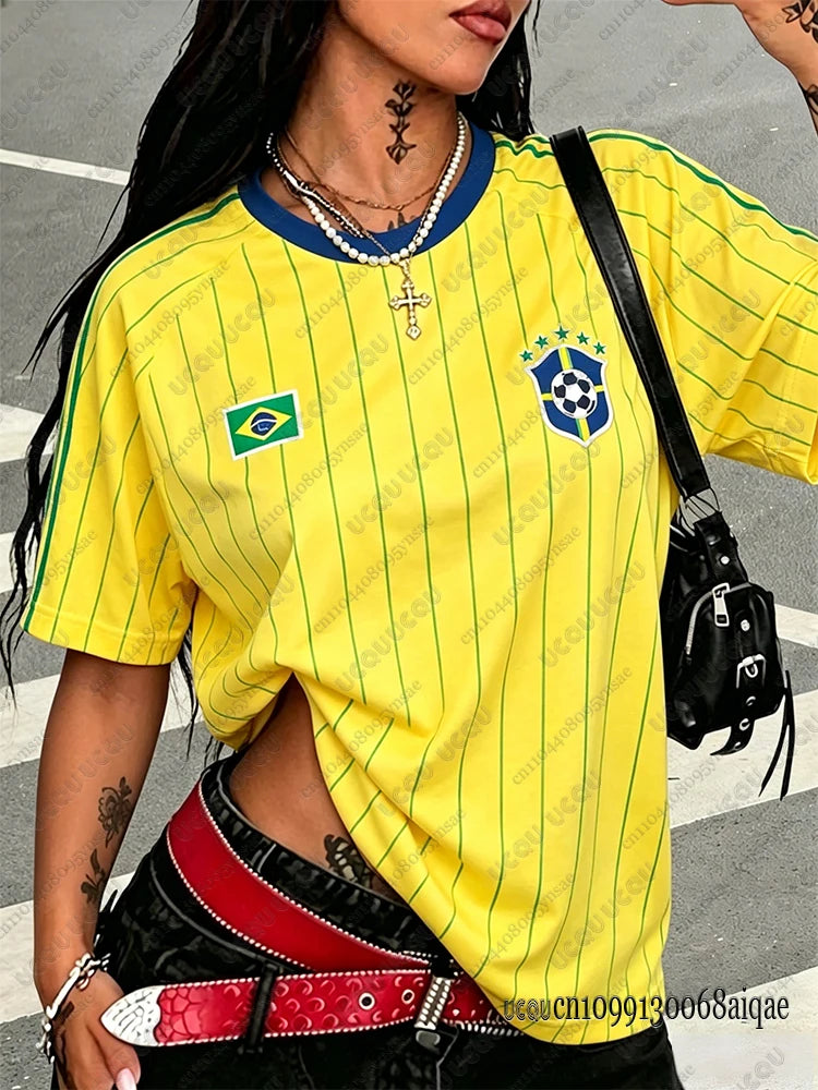 2026 Summer New Brazil No 10 Print Tshirt For Women O-Neck Patchwork Short Sleeve Oversized Sports Football Jersey Y2K Loose Top
