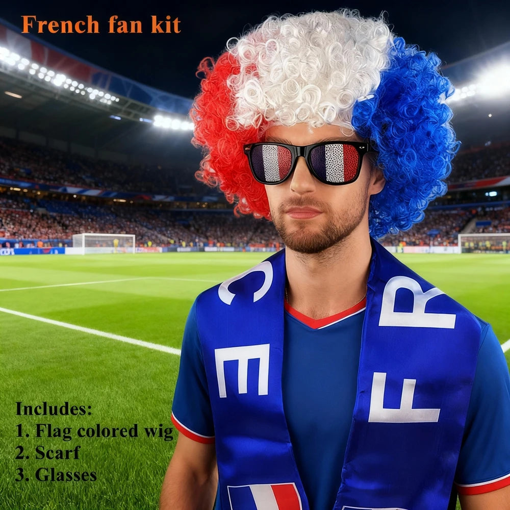 Soccer Match National Flag Color Explosion Hair Wig Fan Hairpiece with Scarf and Glasses Set European National Team Costume