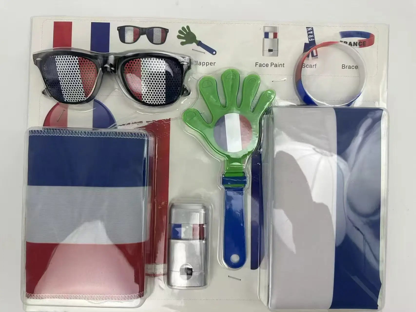 Soccer Game Themed Fan Props Set 2026 Eye Face Paint Blendable National Flag Fan Scarf Cheer Clappers Wristbands and Glasses
