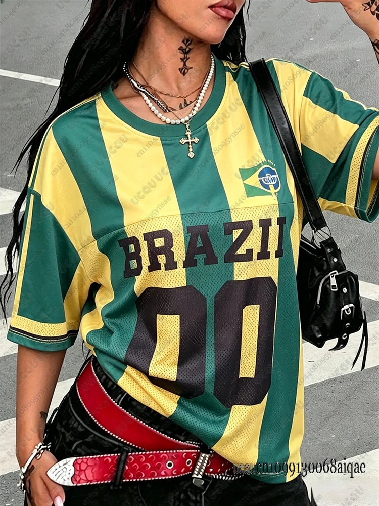 2026 Summer New Brazil No 10 Print Tshirt For Women O-Neck Patchwork Short Sleeve Oversized Sports Football Jersey Y2K Loose Top