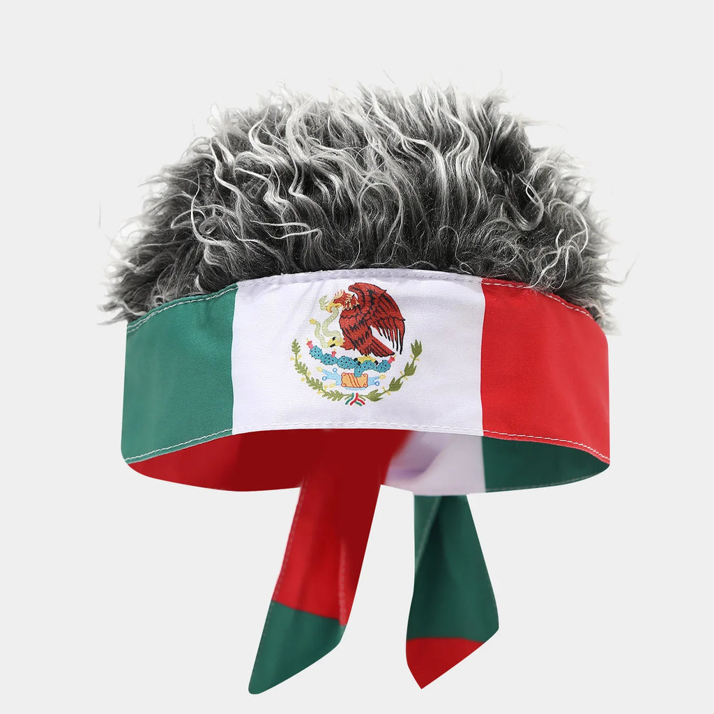 National Flag Headband with Wig Sports Fan Cheering Headwear Wig Hat Country Flag Print Wig Headband Headwrap