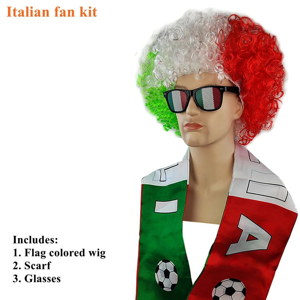 Soccer Match National Flag Color Explosion Hair Wig Fan Hairpiece with Scarf and Glasses Set European National Team Costume