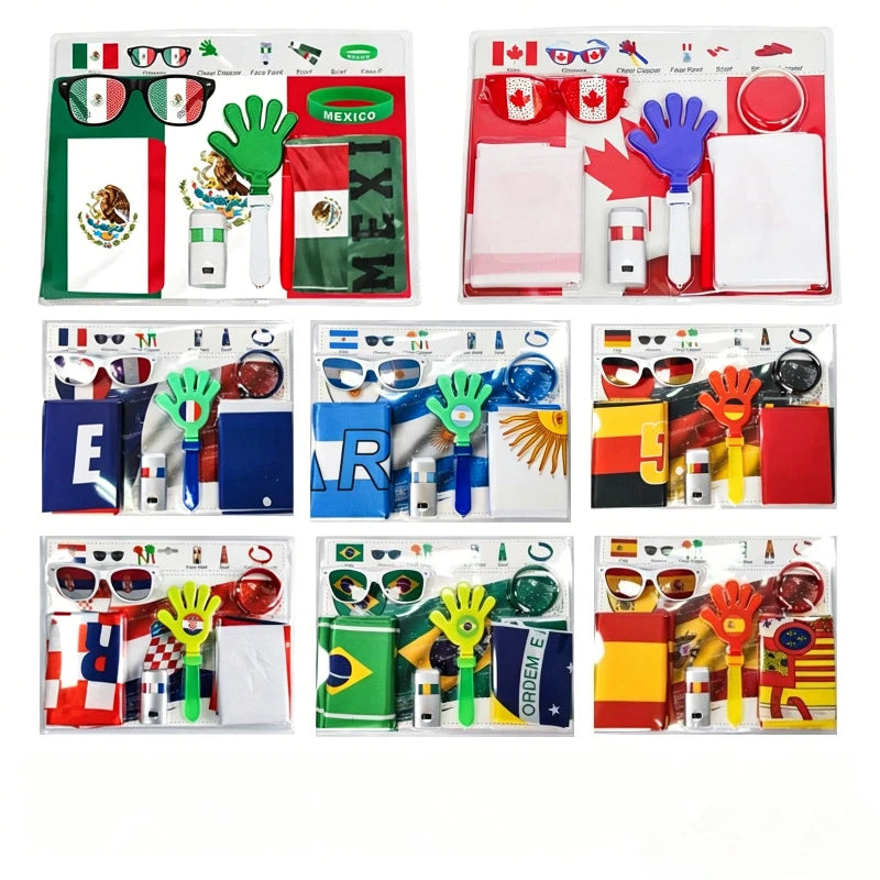 Soccer Game Themed Fan Props Set 2026 Eye Face Paint Blendable National Flag Fan Scarf Cheer Clappers Wristbands and Glasses