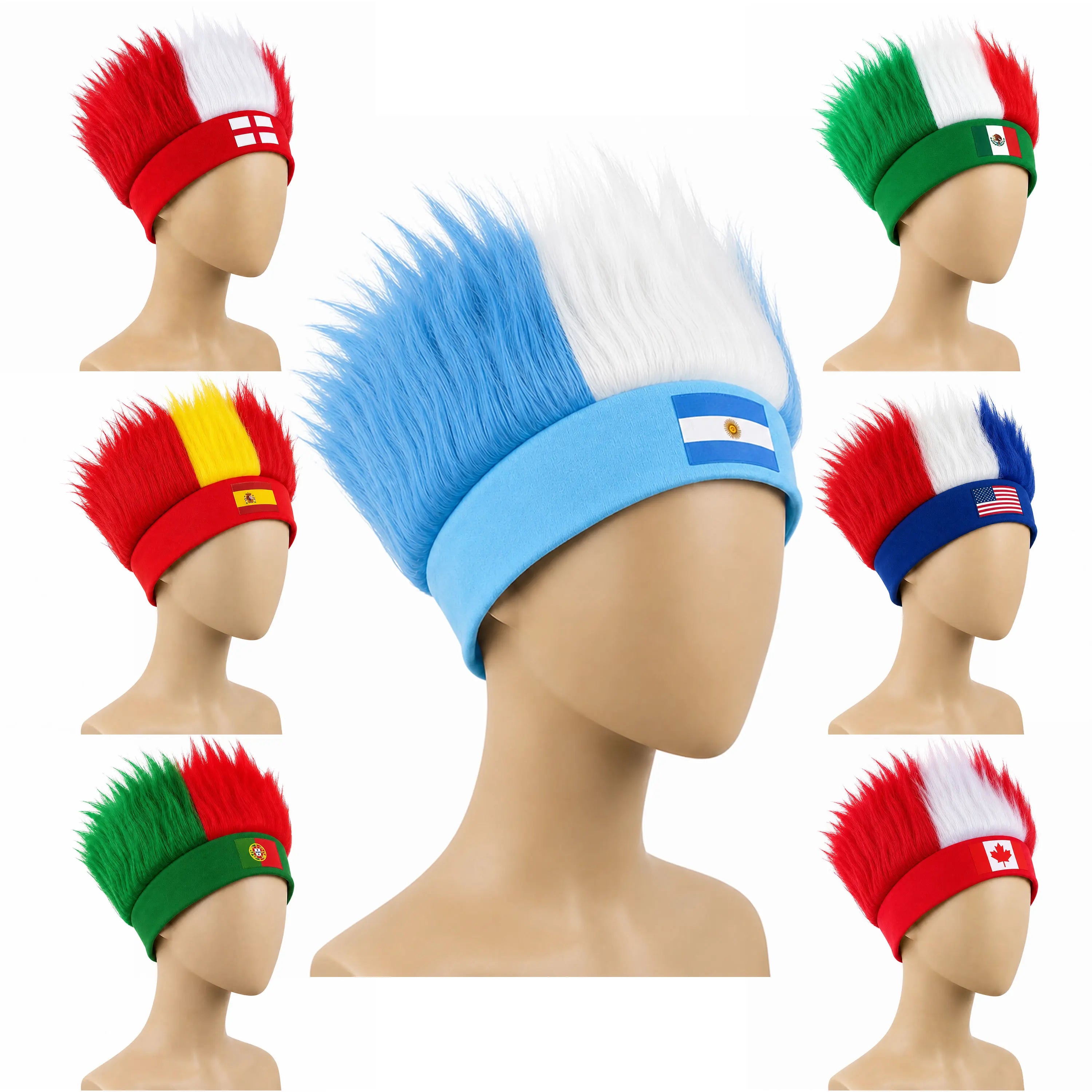 World Cup Wig with Logo, National Flag Colors,Headgear,Fan Wigs CostumeBrazil, Argentina, France, Germany, Mexico, United States