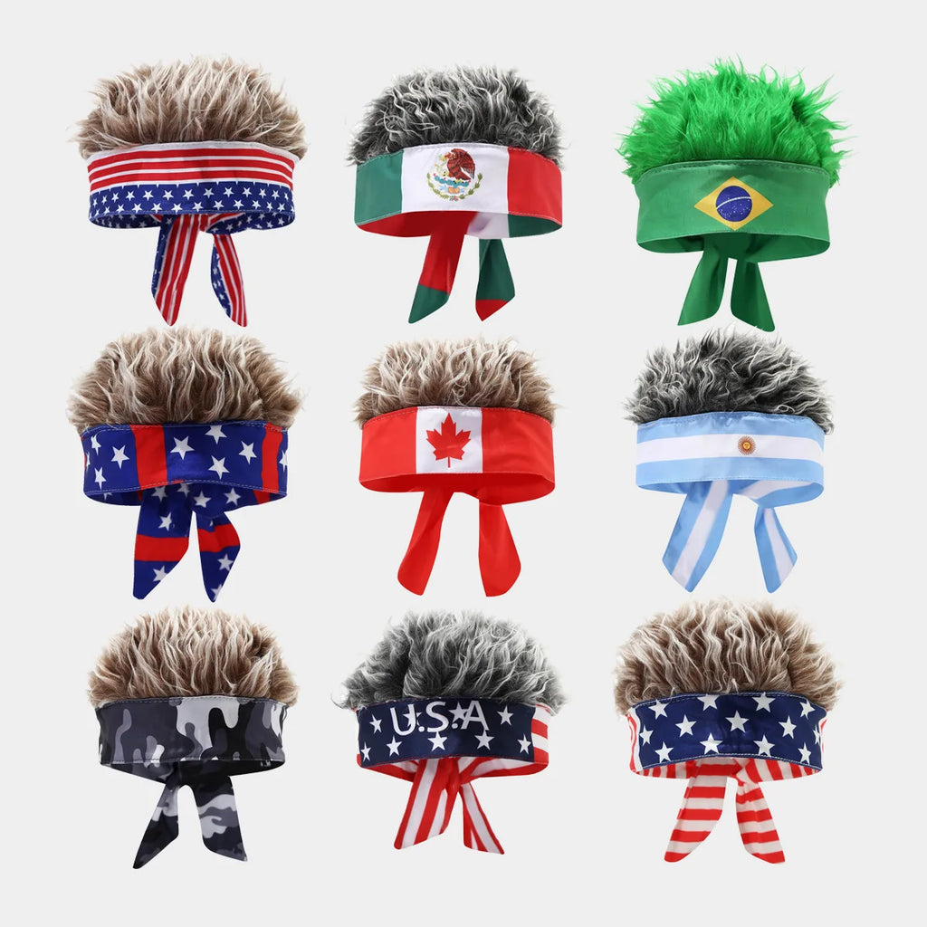 National Flag Headband with Wig Sports Fan Cheering Headwear Wig Hat Country Flag Print Wig Headband Headwrap