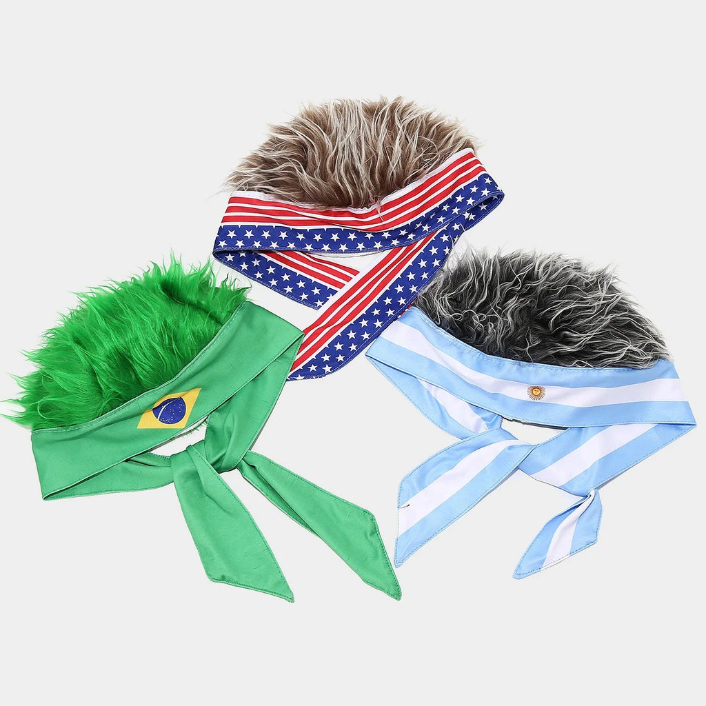 National Flag Headband with Wig Sports Fan Cheering Headwear Wig Hat Country Flag Print Wig Headband Headwrap