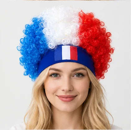 2026 World Cup Curly Wig Cosplay National Flag-colored Headband Wig for Fan Gatherings, with Logo and National Flag.