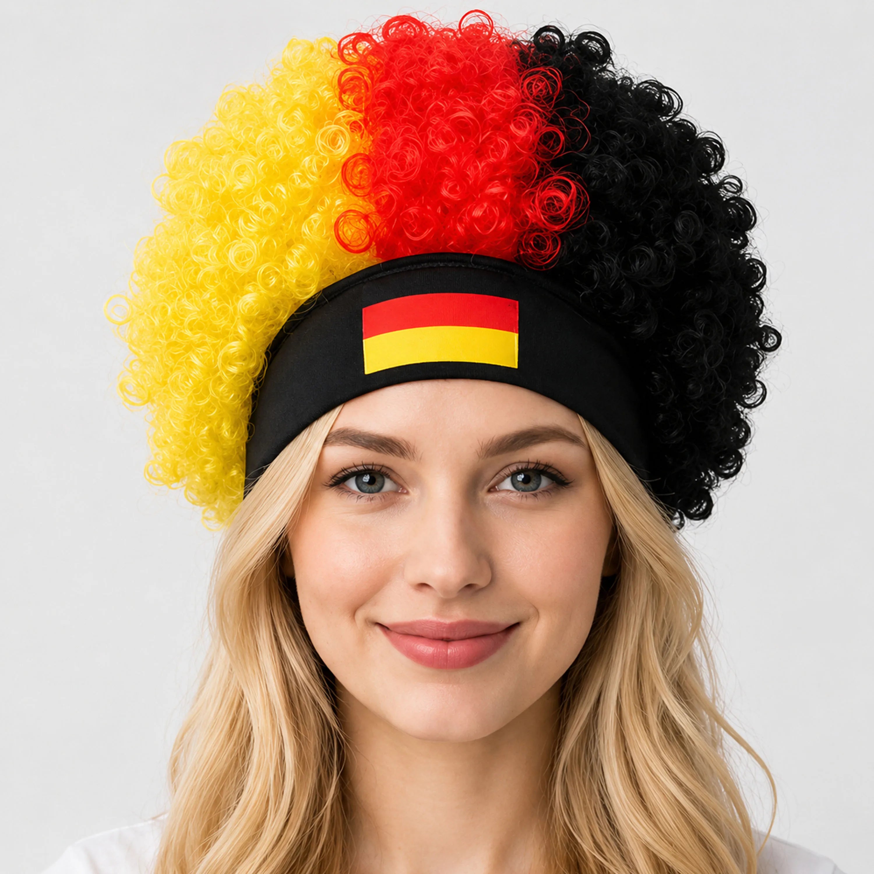 2026 World Cup Curly Wig Cosplay National Flag-colored Headband Wig for Fan Gatherings, with Logo and National Flag.