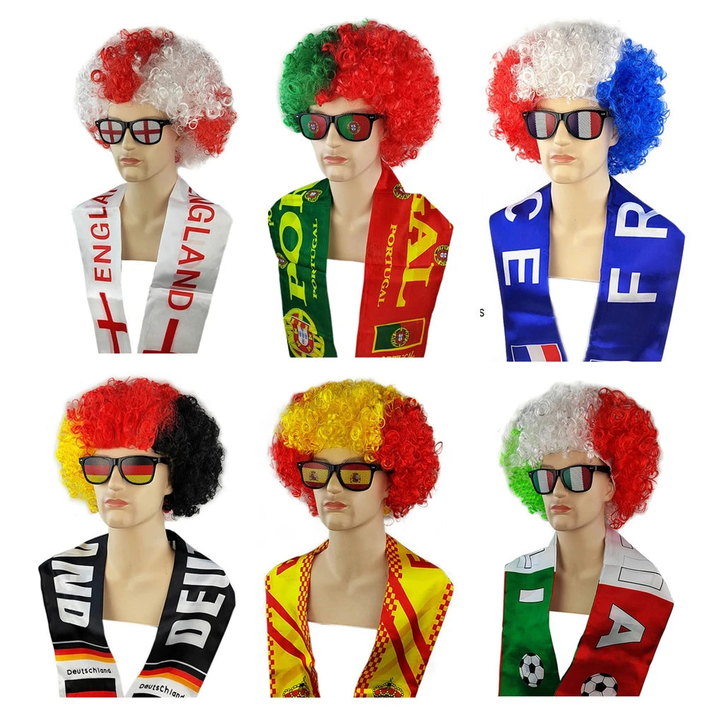 Soccer Match National Flag Color Explosion Hair Wig Fan Hairpiece with Scarf and Glasses Set European National Team Costume