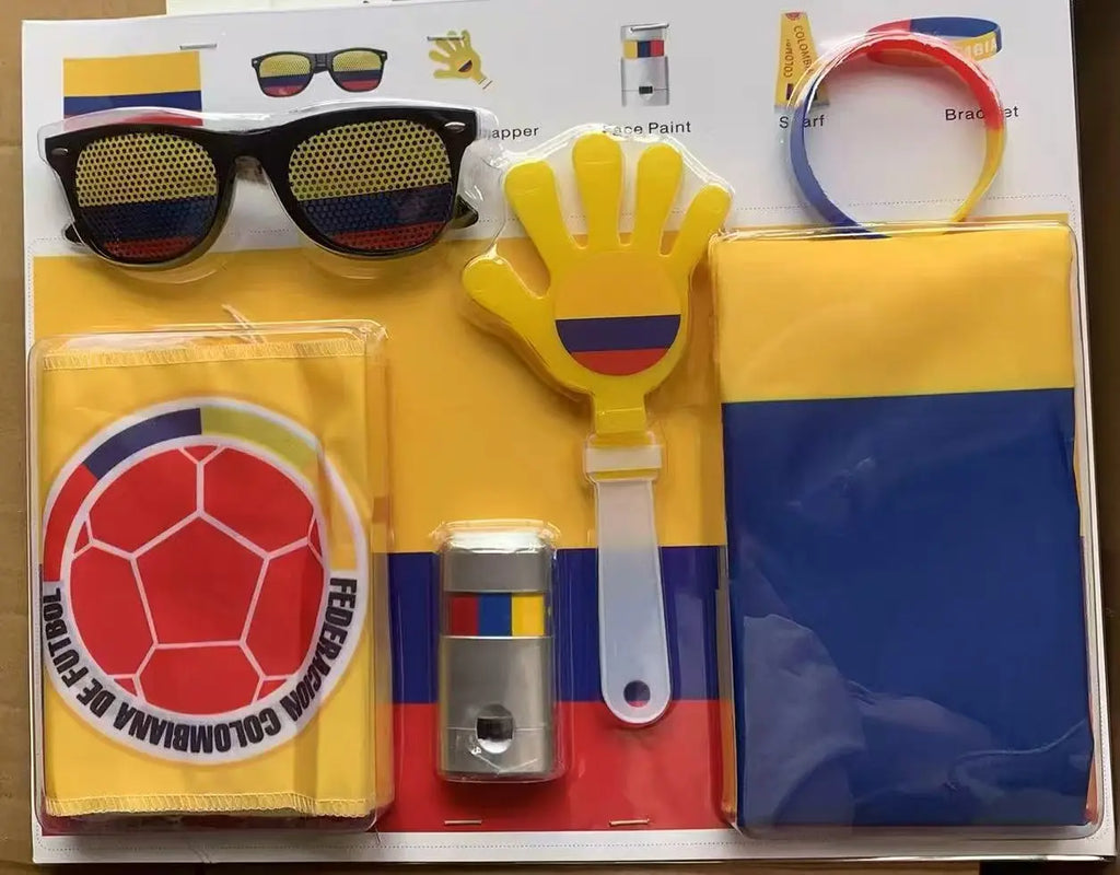 Soccer Game Themed Fan Props Set 2026 Eye Face Paint Blendable National Flag Fan Scarf Cheer Clappers Wristbands and Glasses