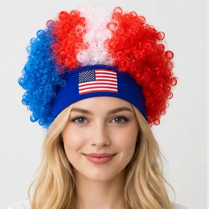2026 World Cup Curly Wig Cosplay National Flag-colored Headband Wig for Fan Gatherings, with Logo and National Flag.
