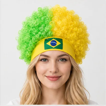 2026 World Cup Curly Wig Cosplay National Flag-colored Headband Wig for Fan Gatherings, with Logo and National Flag.