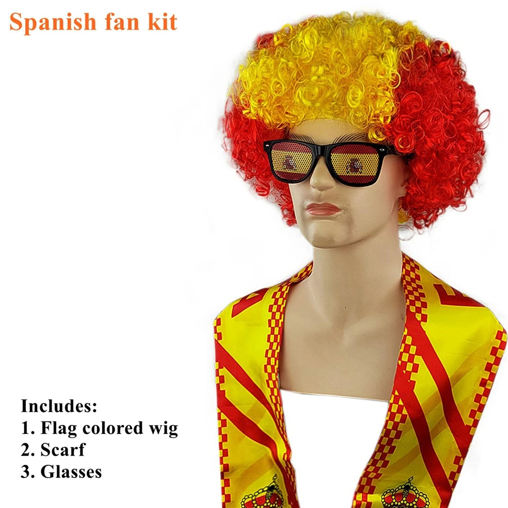 Soccer Match National Flag Color Explosion Hair Wig Fan Hairpiece with Scarf and Glasses Set European National Team Costume
