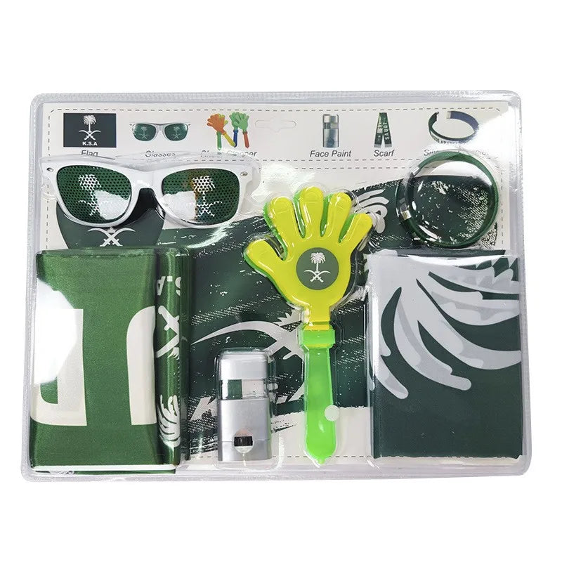 Soccer Game Themed Fan Props Set 2026 Eye Face Paint Blendable National Flag Fan Scarf Cheer Clappers Wristbands and Glasses