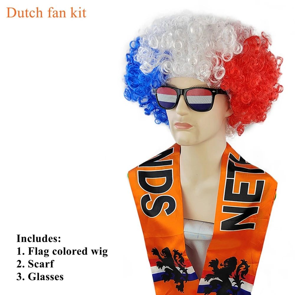 Soccer Match National Flag Color Explosion Hair Wig Fan Hairpiece with Scarf and Glasses Set European National Team Costume
