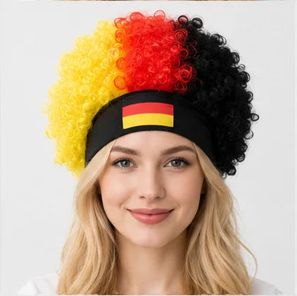 2026 World Cup Curly Wig Cosplay National Flag-colored Headband Wig for Fan Gatherings, with Logo and National Flag.