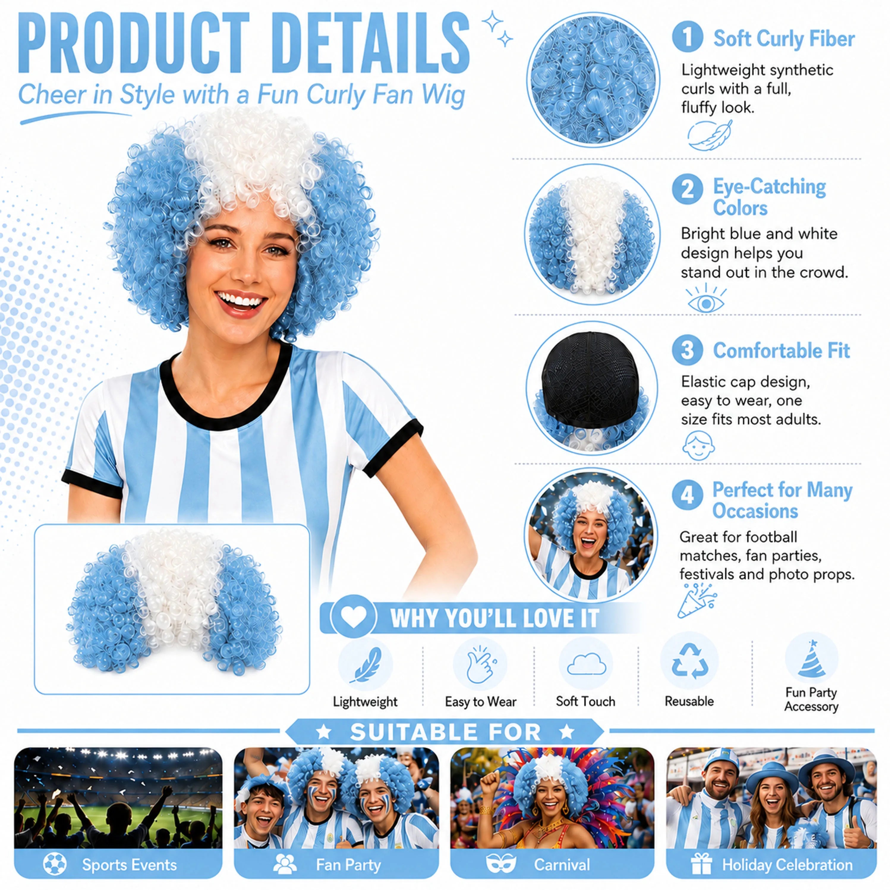 2026 World Cup Curly Wig Cosplay National Flag-colored Headband Wig for Fan Gatherings, with Logo and National Flag.