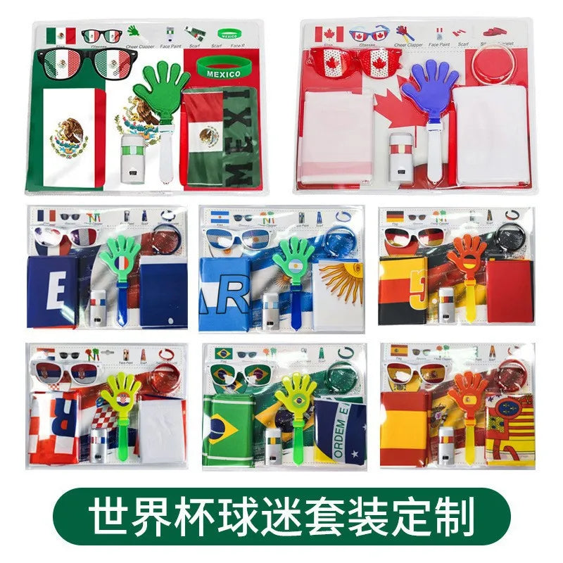Soccer Game Themed Fan Props Set 2026 Eye Face Paint Blendable National Flag Fan Scarf Cheer Clappers Wristbands and Glasses