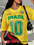 2026 Summer New Brazil No 10 Print Tshirt For Women O-Neck Patchwork Short Sleeve Oversized Sports Football Jersey Y2K Loose Top