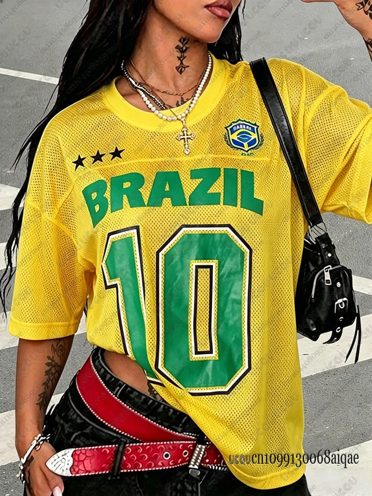 2026 Summer New Brazil No 10 Print Tshirt For Women O-Neck Patchwork Short Sleeve Oversized Sports Football Jersey Y2K Loose Top