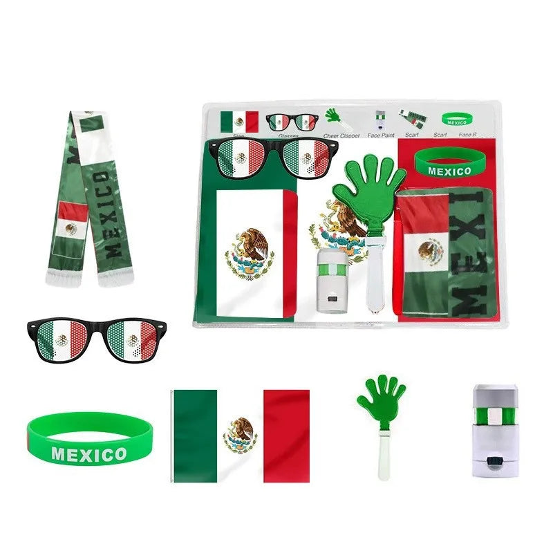 Soccer Game Themed Fan Props Set 2026 Eye Face Paint Blendable National Flag Fan Scarf Cheer Clappers Wristbands and Glasses