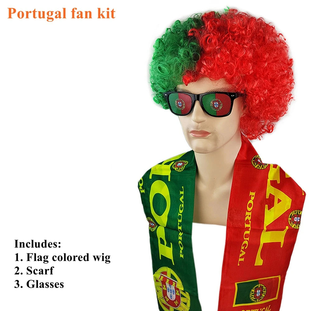 Soccer Match National Flag Color Explosion Hair Wig Fan Hairpiece with Scarf and Glasses Set European National Team Costume