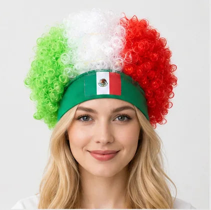2026 World Cup Curly Wig Cosplay National Flag-colored Headband Wig for Fan Gatherings, with Logo and National Flag.